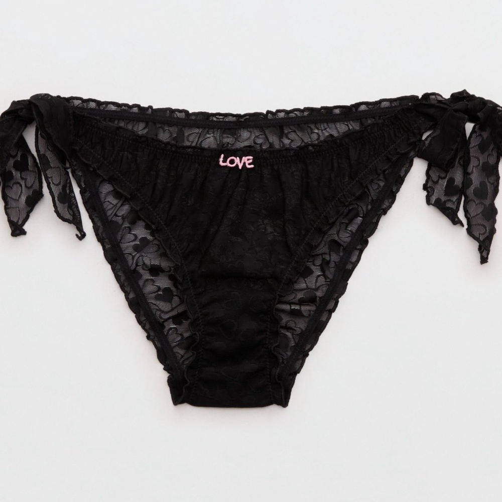 Aerie Black Love Show Off Heart Mesh Lace Side Tie Bloomer Bikini Underwear NWT